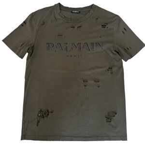 Authentic Balmain Khaki T-Shirt Short-Sleeve Distressed Size Medium